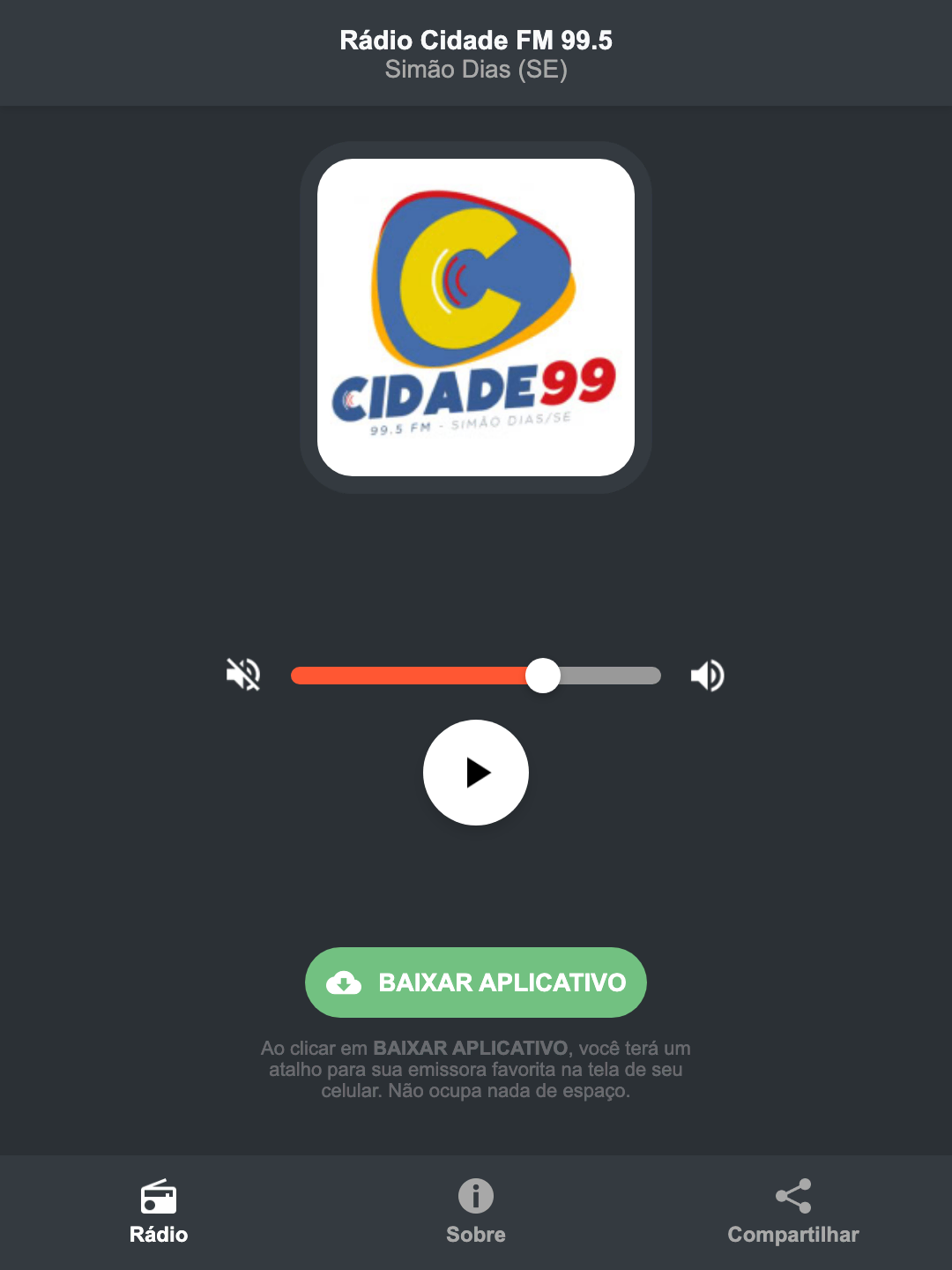 Screenshot do aplicativo da Rádio Cidade FM 99.5