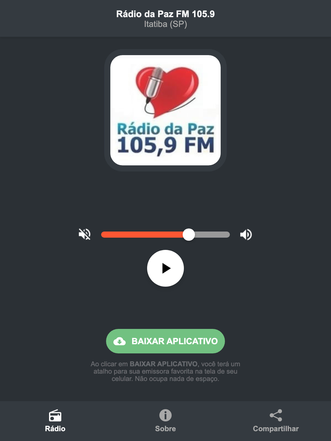 Screenshot do aplicativo da Rádio da Paz FM 105.9