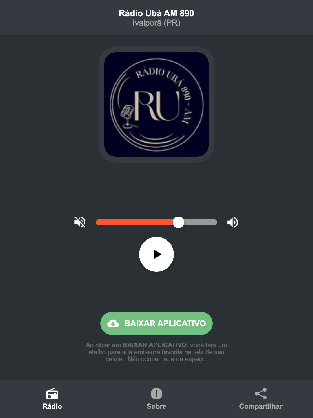 Screenshot do aplicativo da Rádio Ubá AM 890