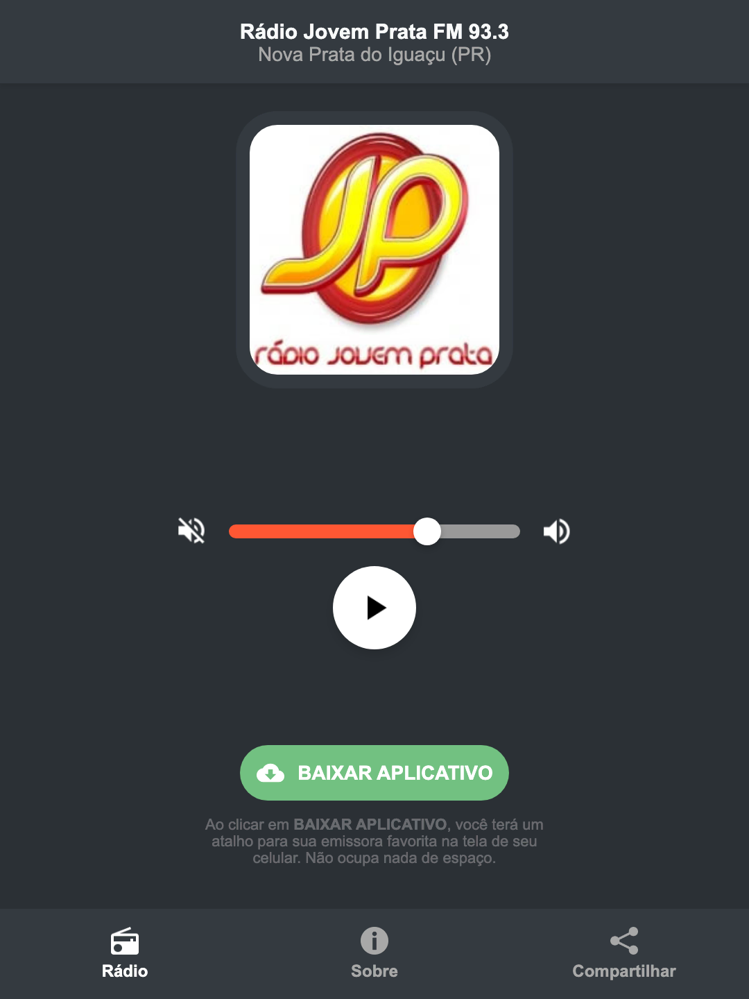 Screenshot do aplicativo da Rádio Jovem Prata FM 93.3