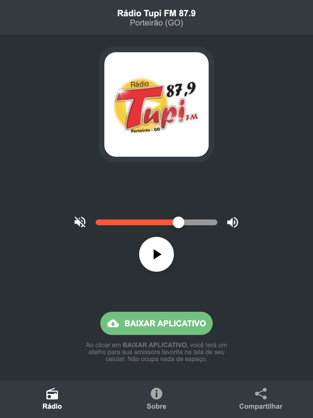 Screenshot do aplicativo da Rádio Tupi FM 87.9