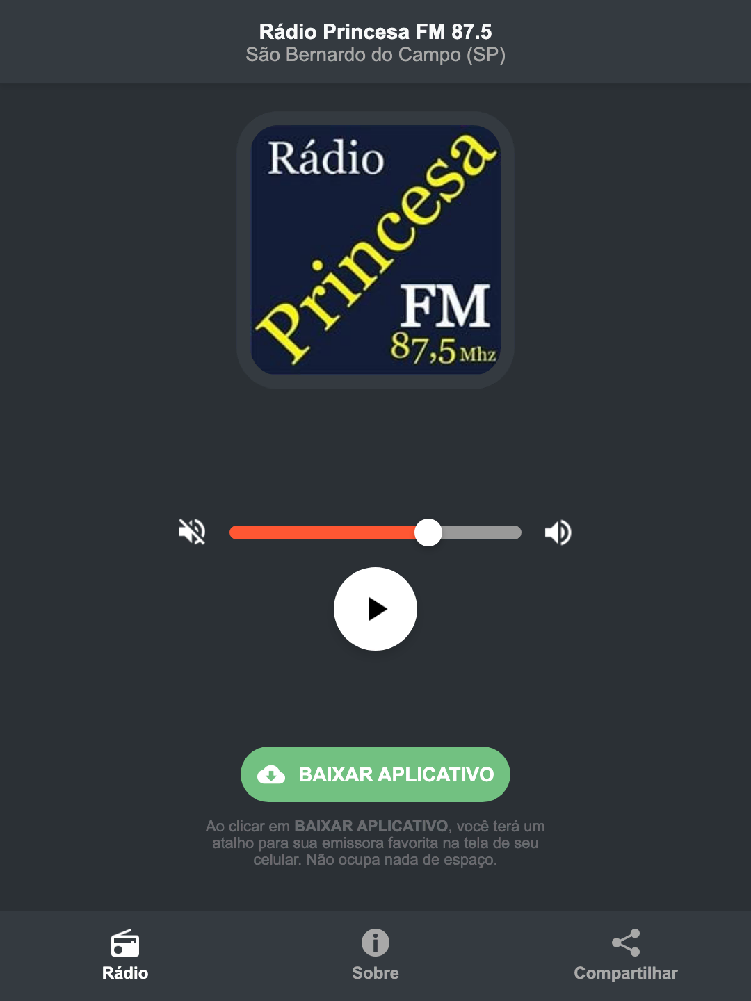 Screenshot do aplicativo da Rádio Princesa FM 87.5