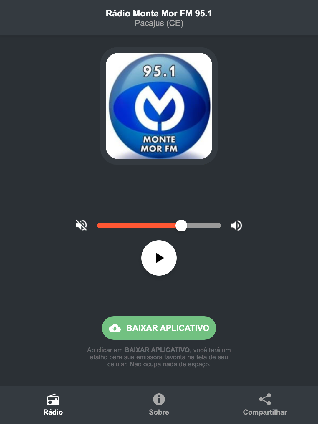 Screenshot do aplicativo da Rádio Monte Mor FM 95.1