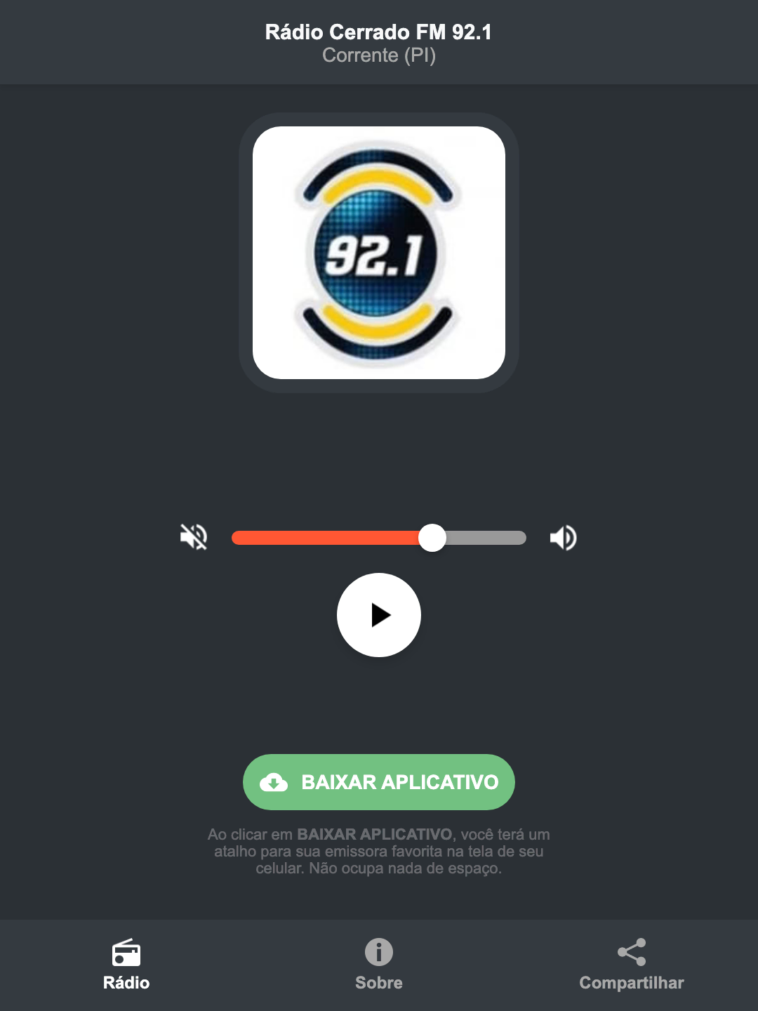 Screenshot do aplicativo da Rádio Cerrado FM 92.1