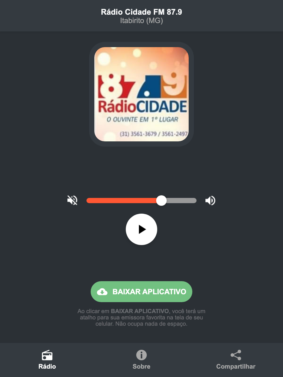 Screenshot do aplicativo da Rádio Cidade FM 87.9