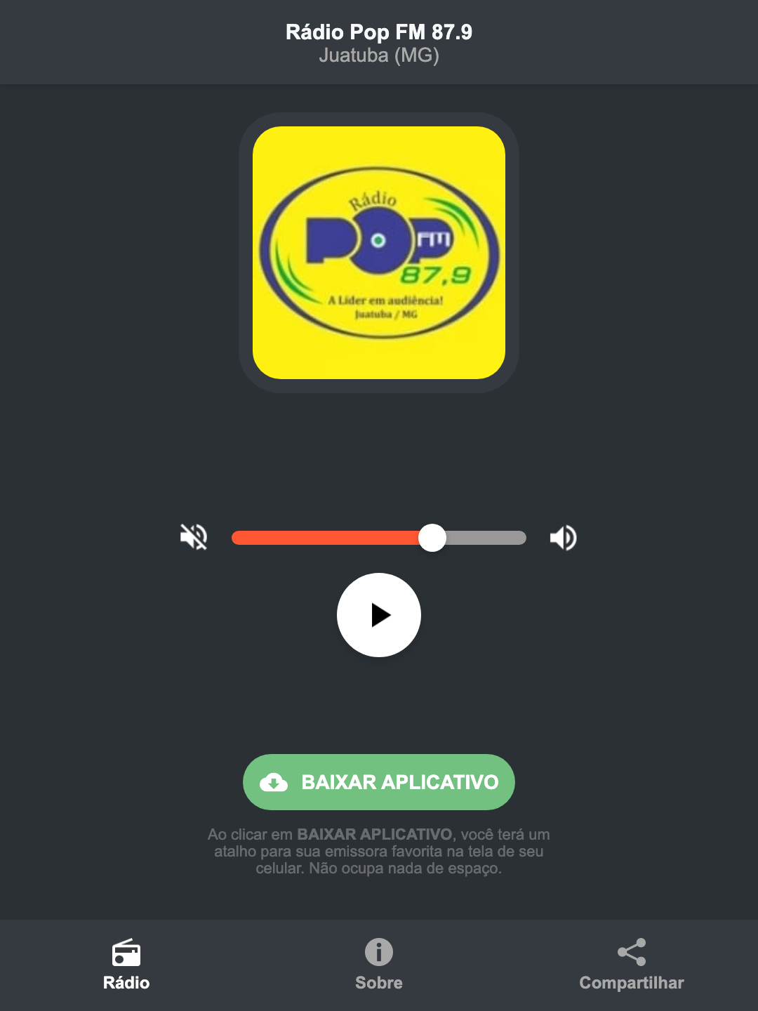 Screenshot do aplicativo da Rádio Pop FM 87.9