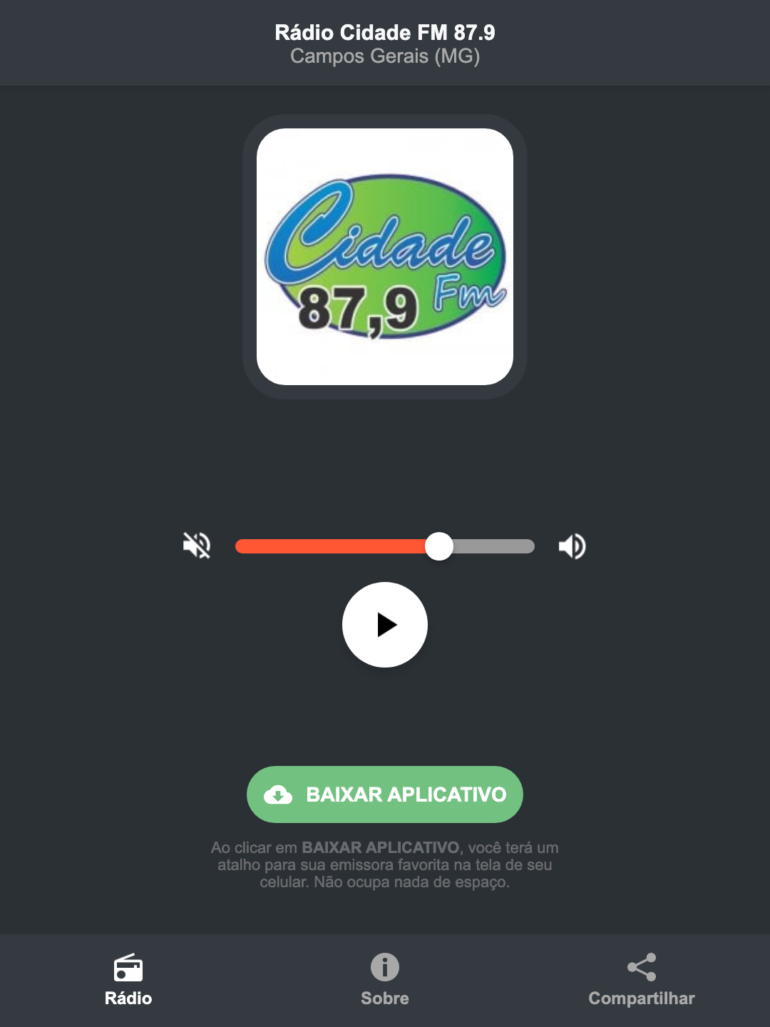 Screenshot do aplicativo da Rádio Cidade FM 87.9