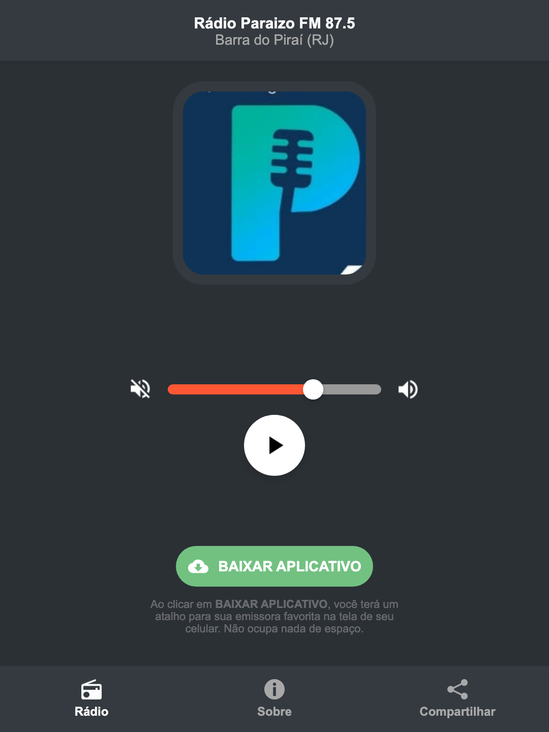 Screenshot do aplicativo da Rádio Paraizo FM 87.5