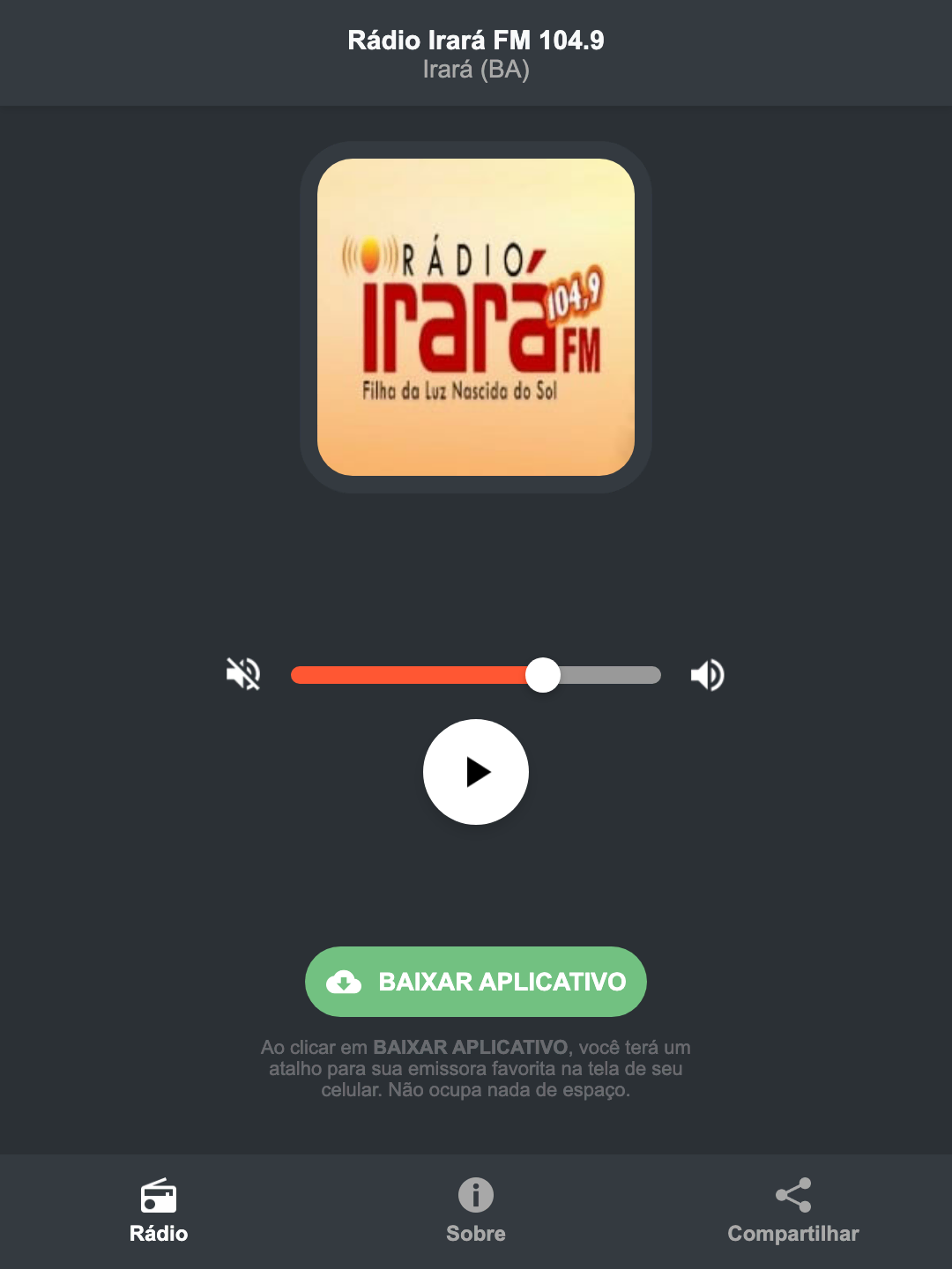 Screenshot do aplicativo da Rádio Irará FM 104.9