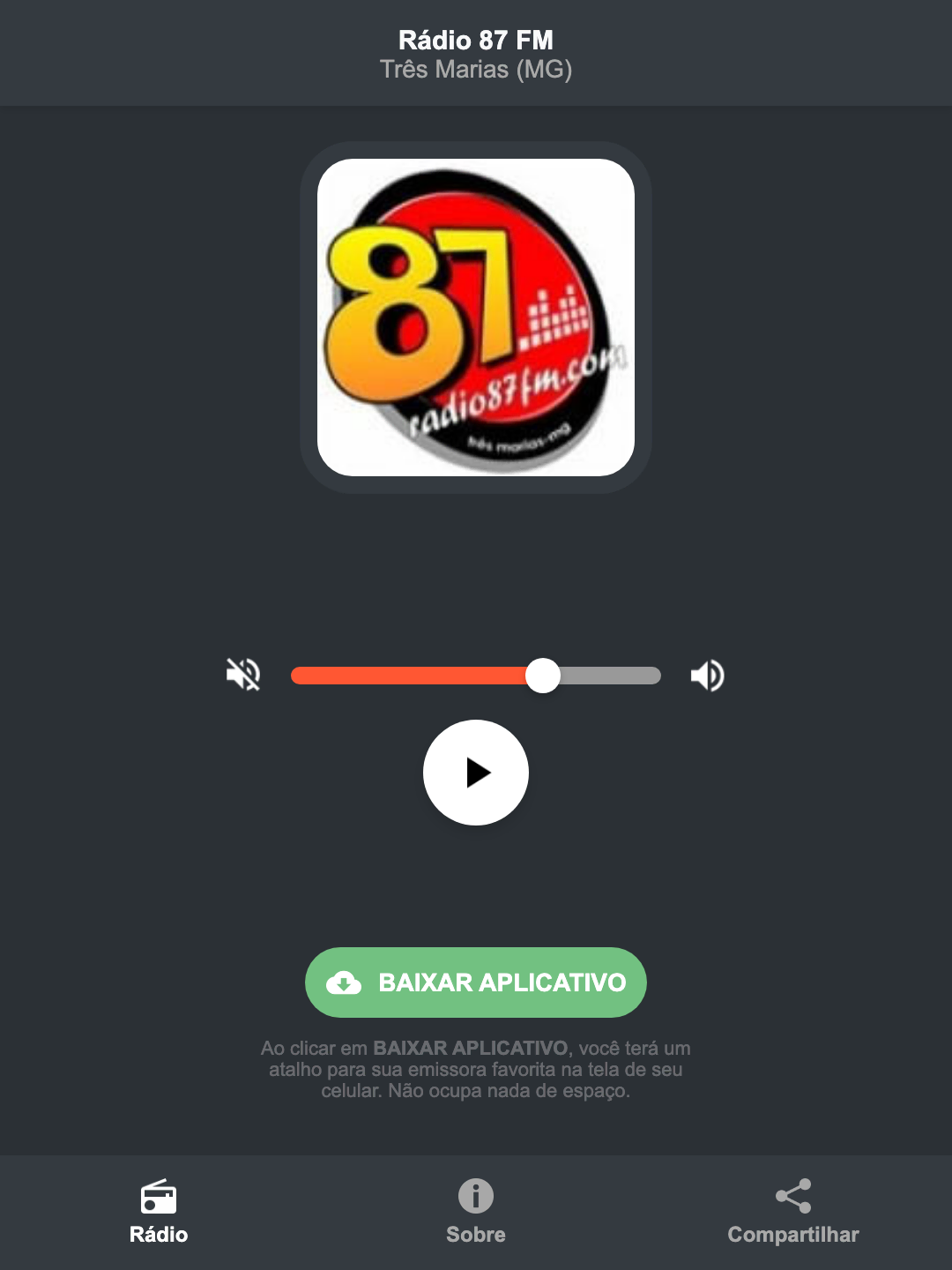 Screenshot do aplicativo da Rádio 87 FM