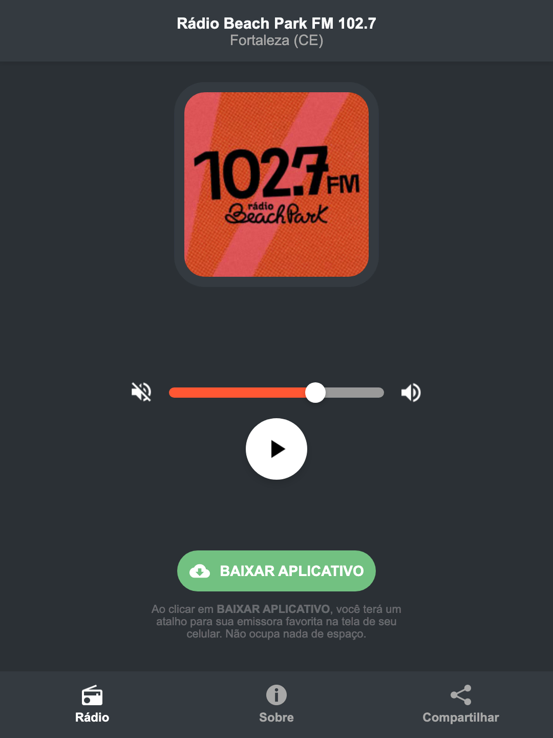 Screenshot do aplicativo da Rádio Beach Park FM 102.7