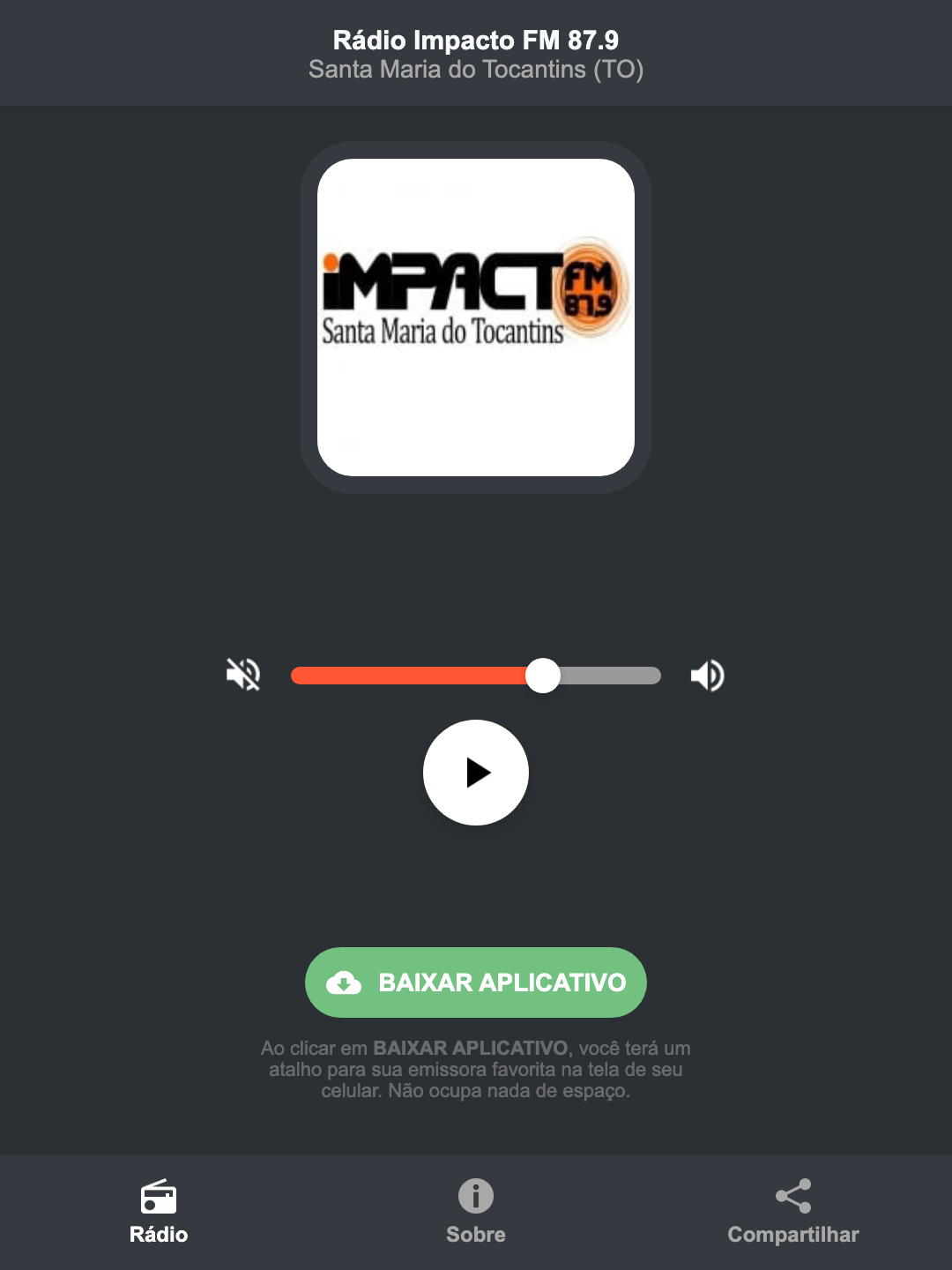 Screenshot do aplicativo da Rádio Impacto FM 87.9