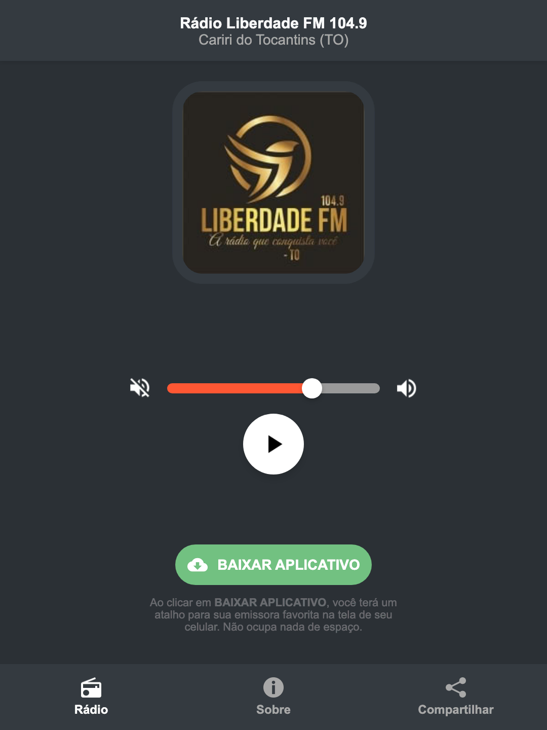 Screenshot do aplicativo da Rádio Liberdade FM 104.9