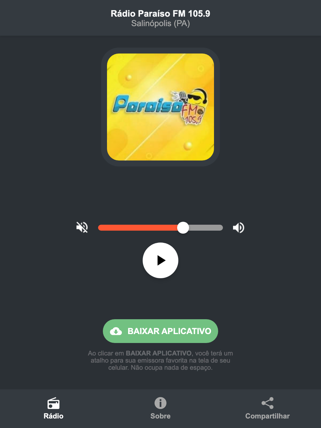 Screenshot do aplicativo da Rádio Paraíso FM 105.9