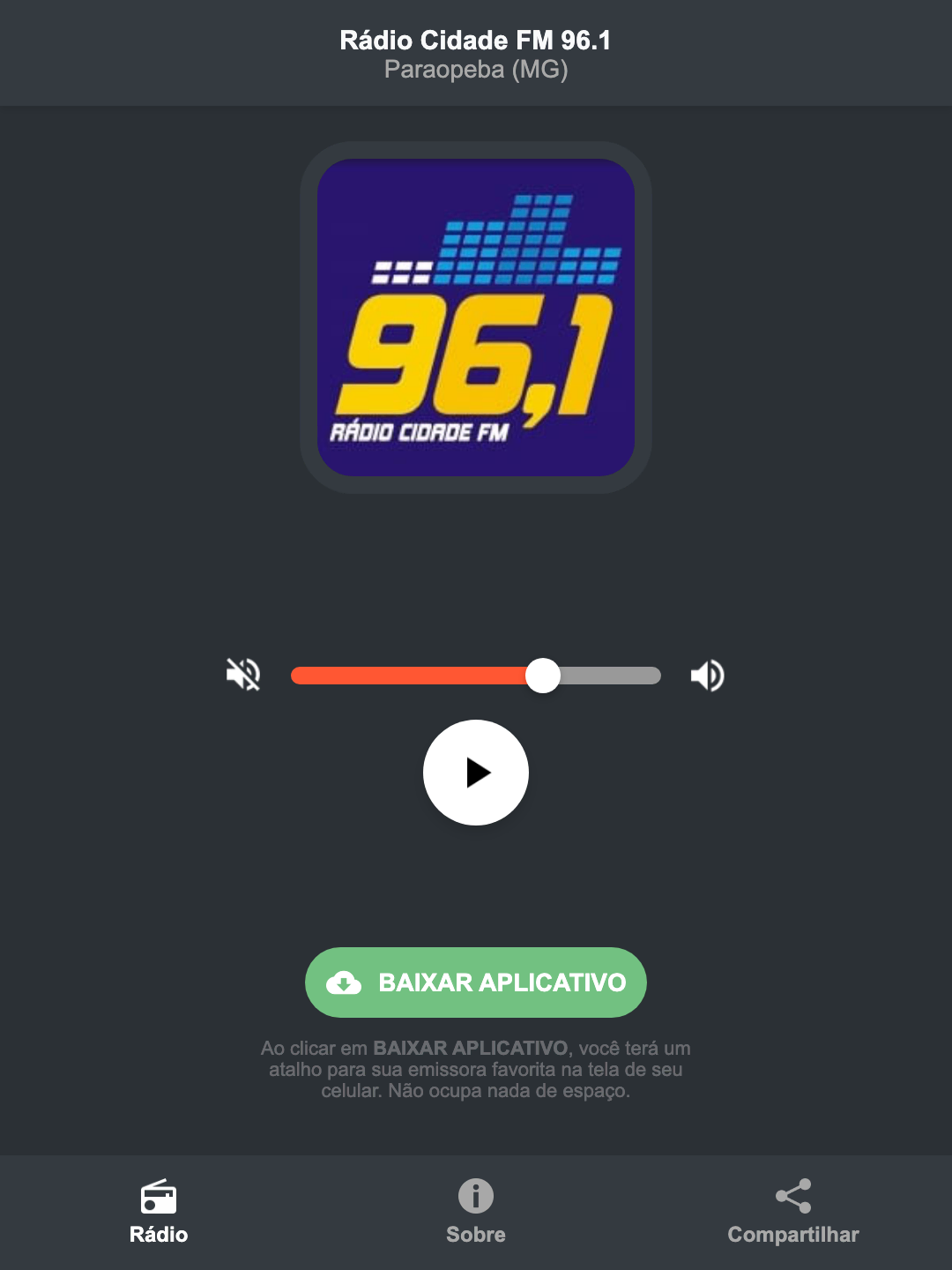 Screenshot do aplicativo da Rádio Cidade FM 96.1