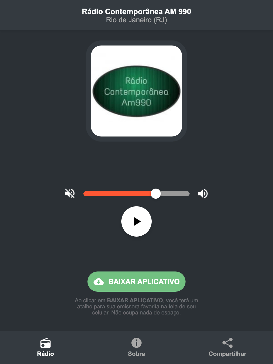 Screenshot do aplicativo da Rádio Contemporânea AM 990