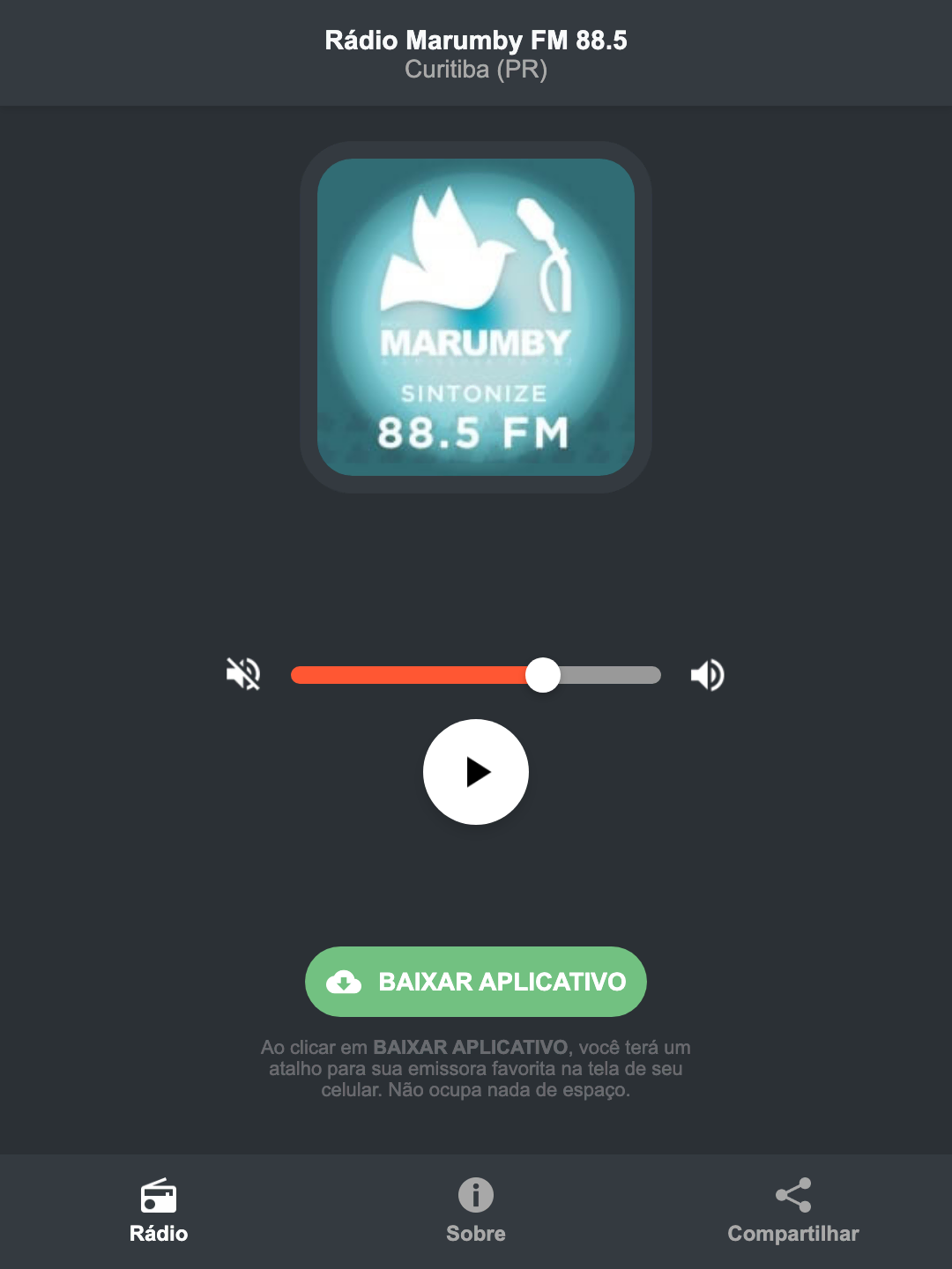 Screenshot do aplicativo da Rádio Marumby FM 88.5