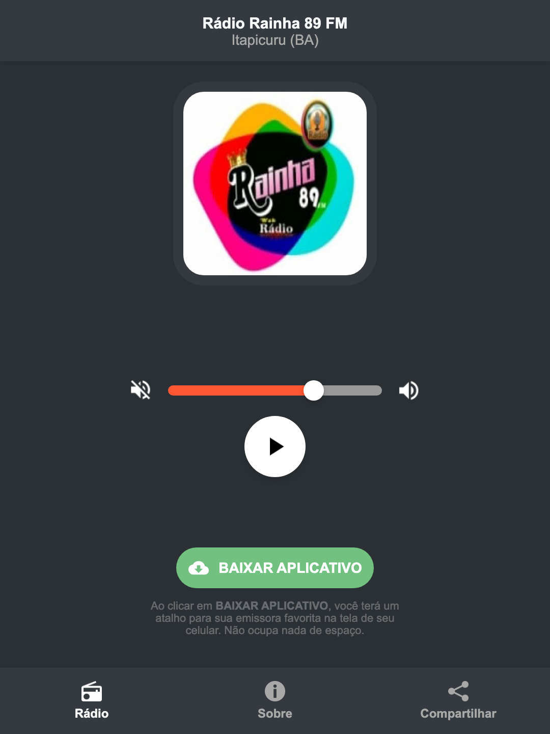 Screenshot do aplicativo da Rádio Rainha 89 FM