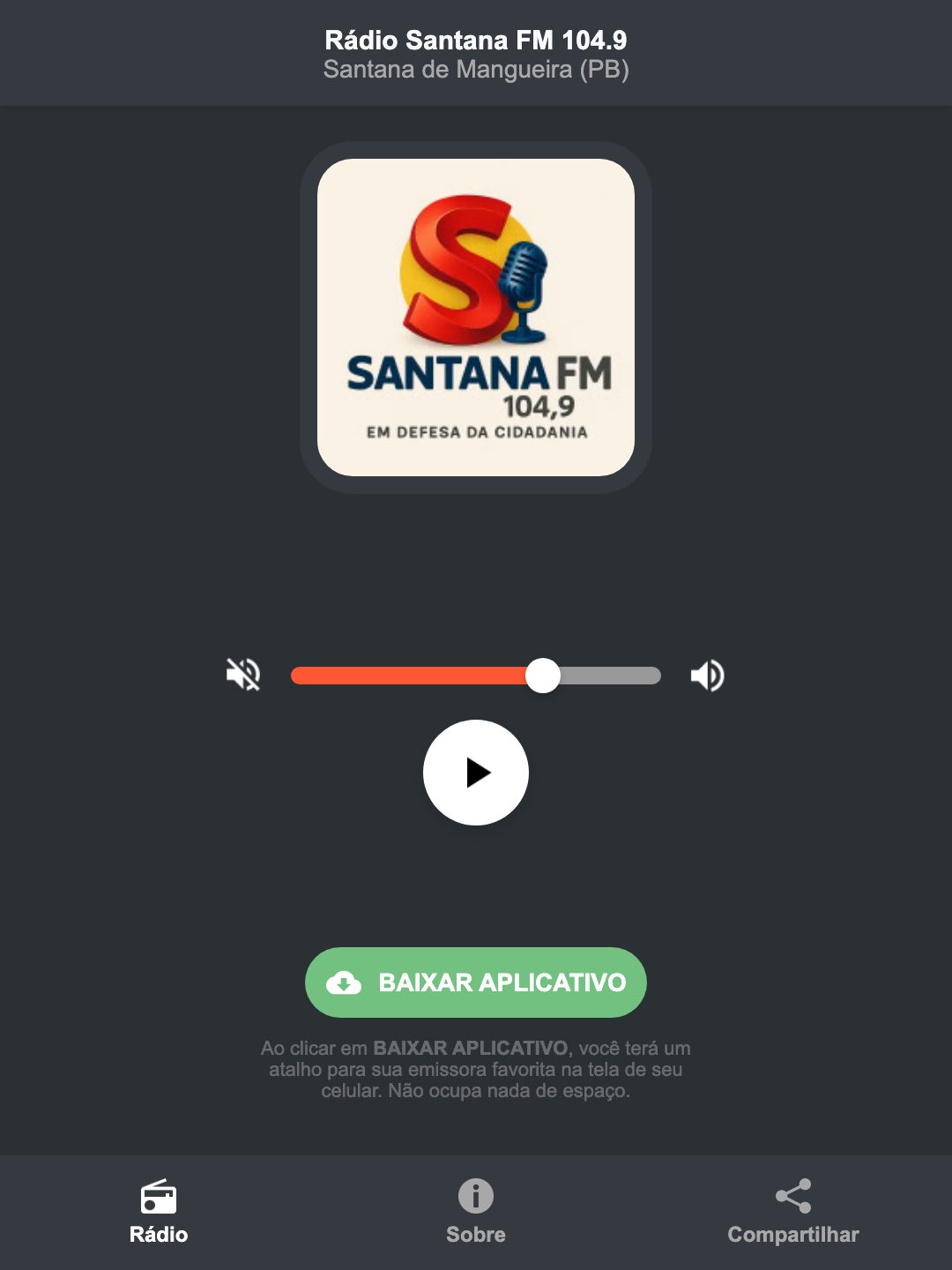 Screenshot do aplicativo da Rádio Santana FM 104.9