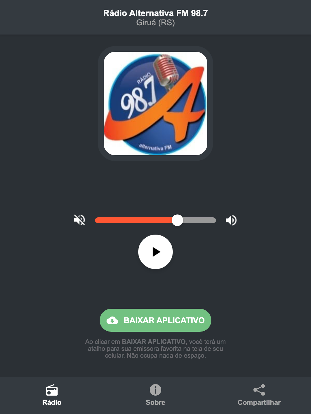 Screenshot do aplicativo da Rádio Alternativa FM 98.7