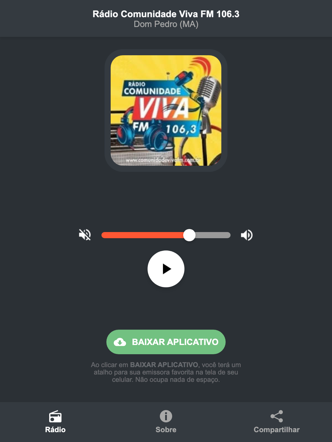 Screenshot do aplicativo da Rádio Comunidade Viva FM 106.3