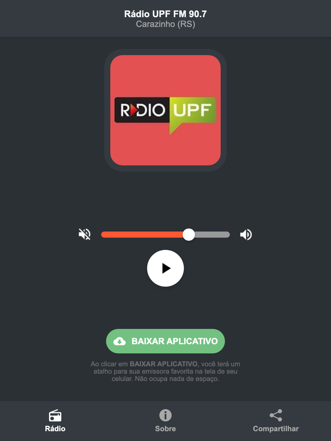 Screenshot do aplicativo da Rádio UPF FM 90.7