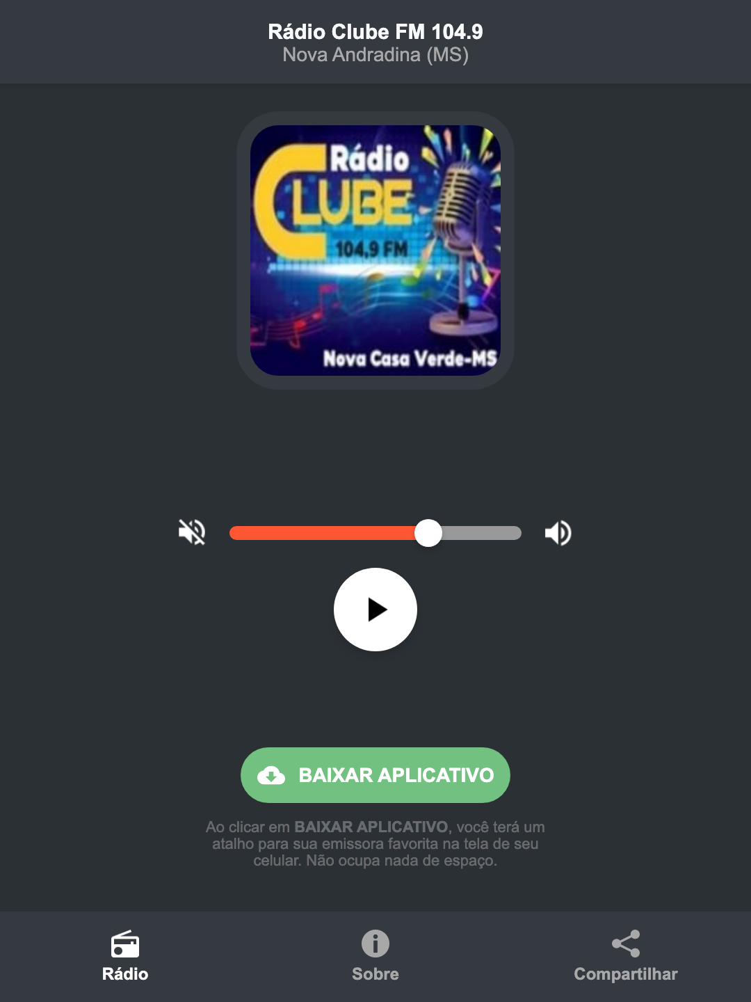 Screenshot do aplicativo da Rádio Clube FM 104.9