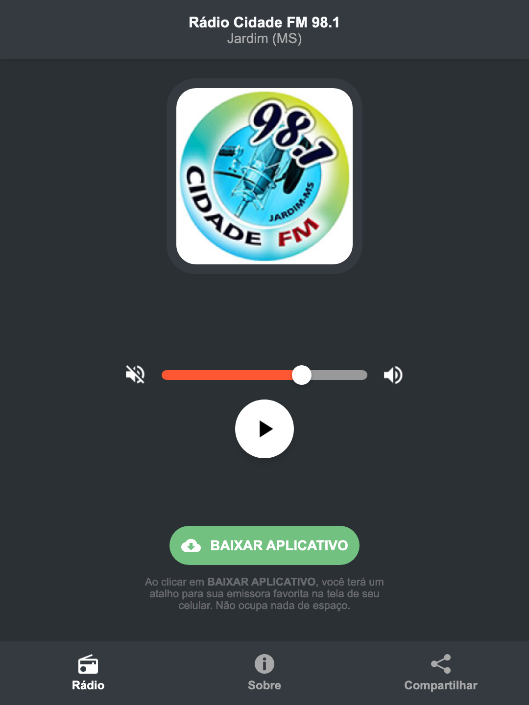 Screenshot do aplicativo da Rádio Cidade FM 98.1