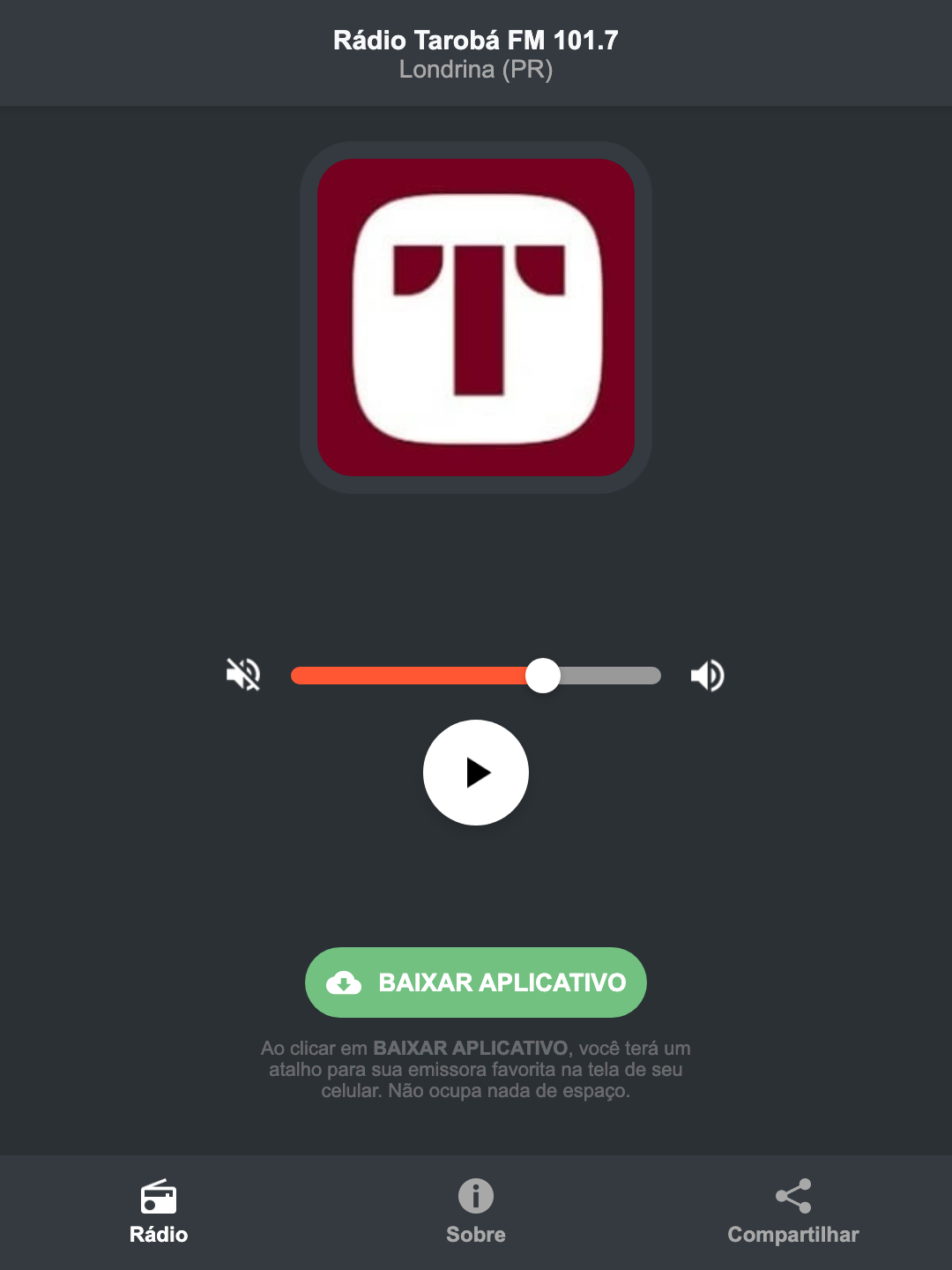 Screenshot do aplicativo da Rádio Tarobá FM 101.7