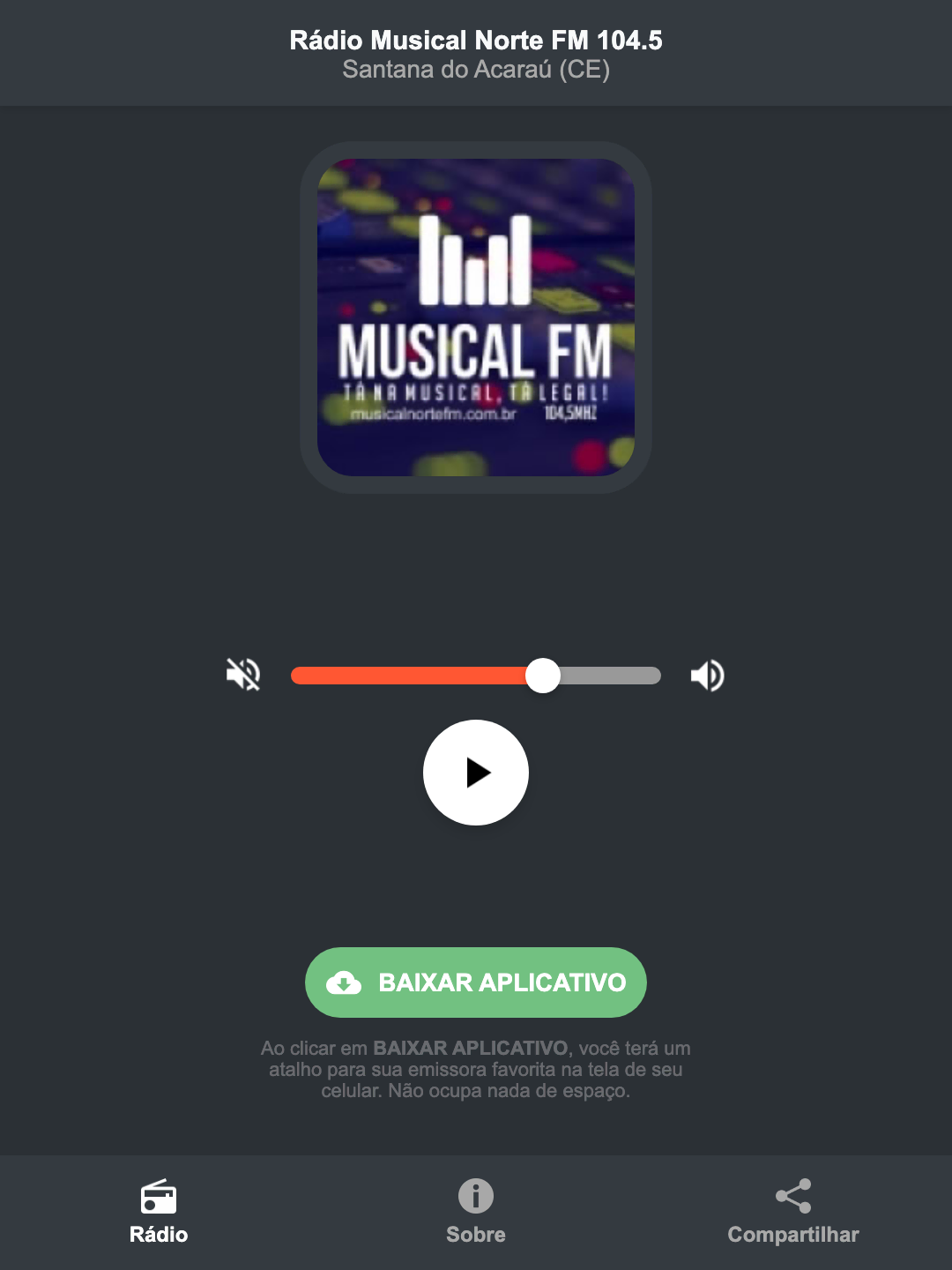 Screenshot do aplicativo da Rádio Musical Norte FM 104.5