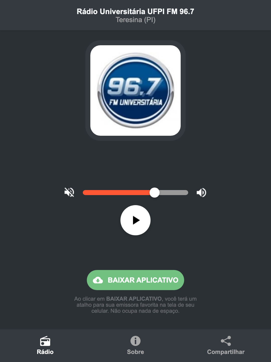 Screenshot do aplicativo da Rádio Universitária UFPI FM 96.7