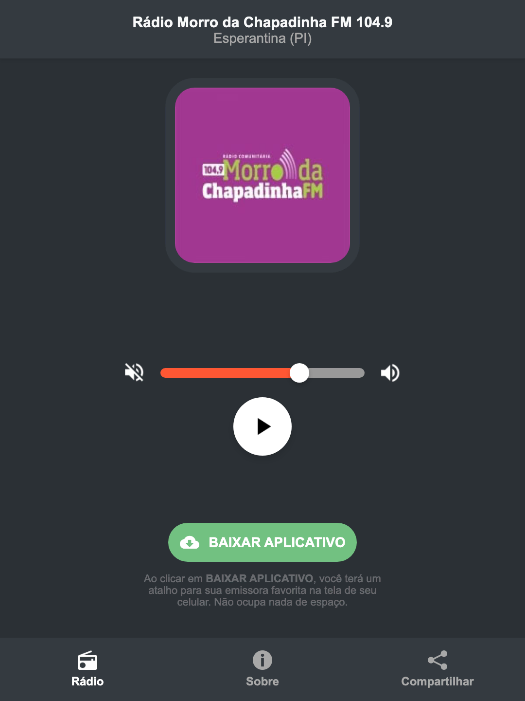 Screenshot do aplicativo da Rádio Morro da Chapadinha FM 104.9