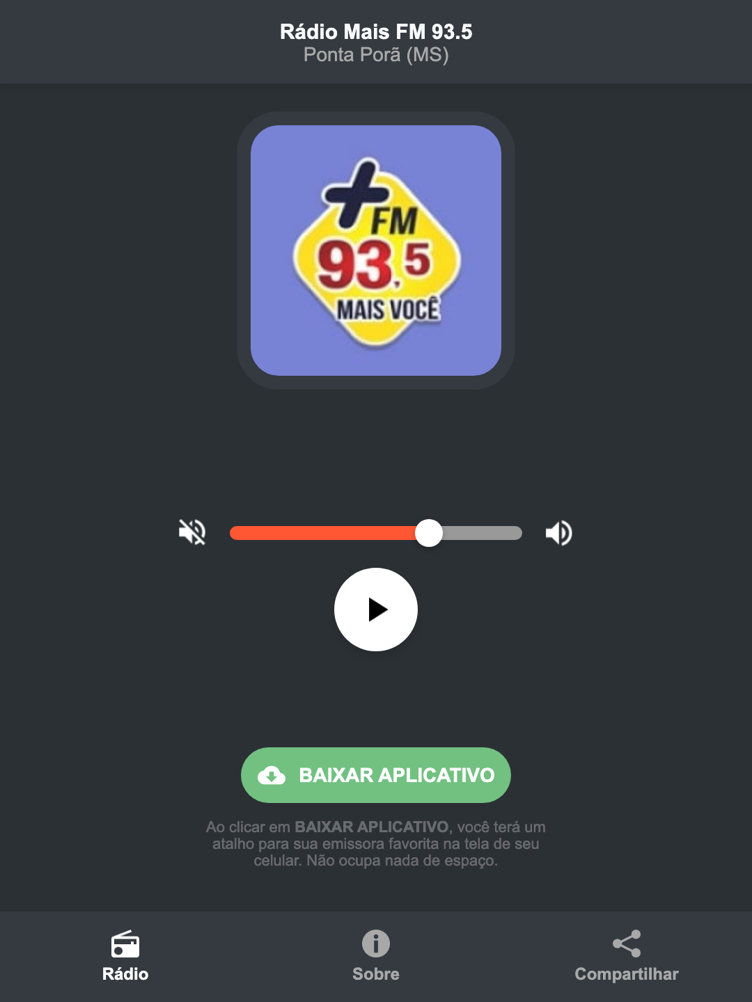 Screenshot do aplicativo da Rádio Mais FM 93.5