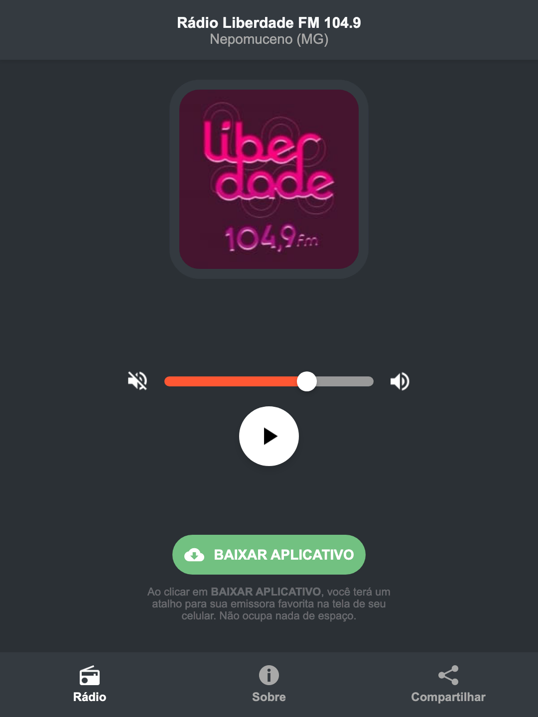 Screenshot do aplicativo da Rádio Liberdade FM 104.9