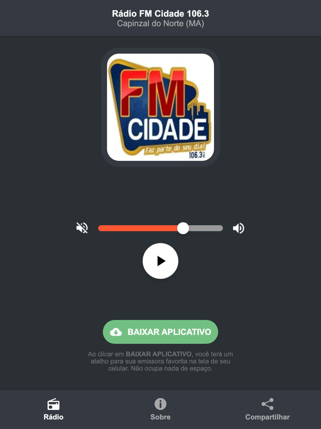 Screenshot do aplicativo da Rádio FM Cidade 106.3
