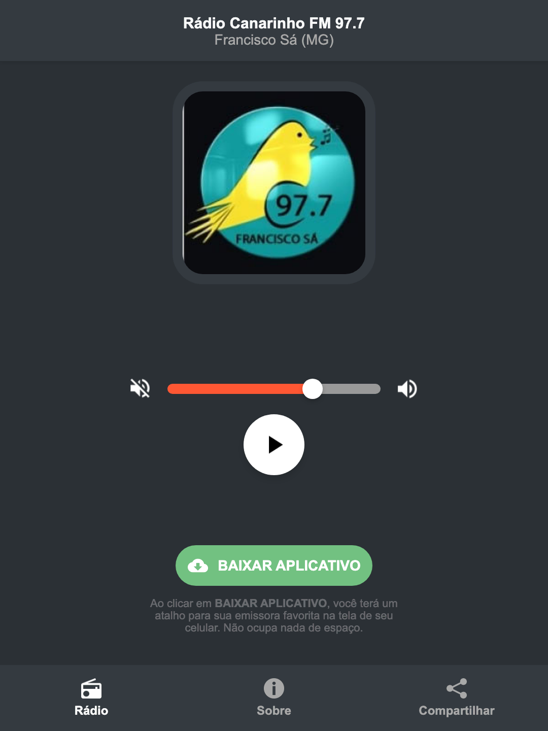 Screenshot do aplicativo da Rádio Canarinho FM 97.7
