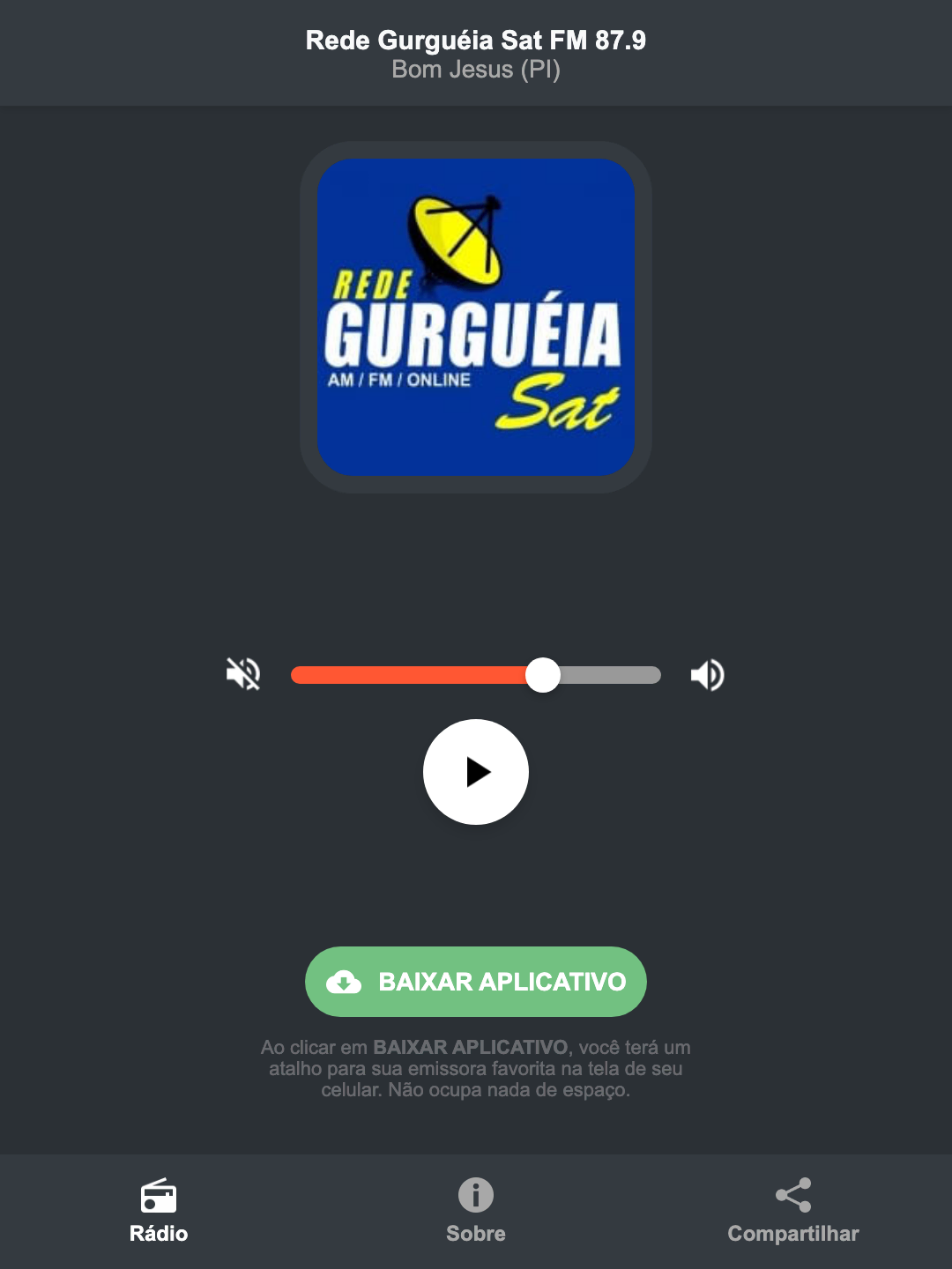 Screenshot do aplicativo da Rede Gurguéia Sat FM 87.9