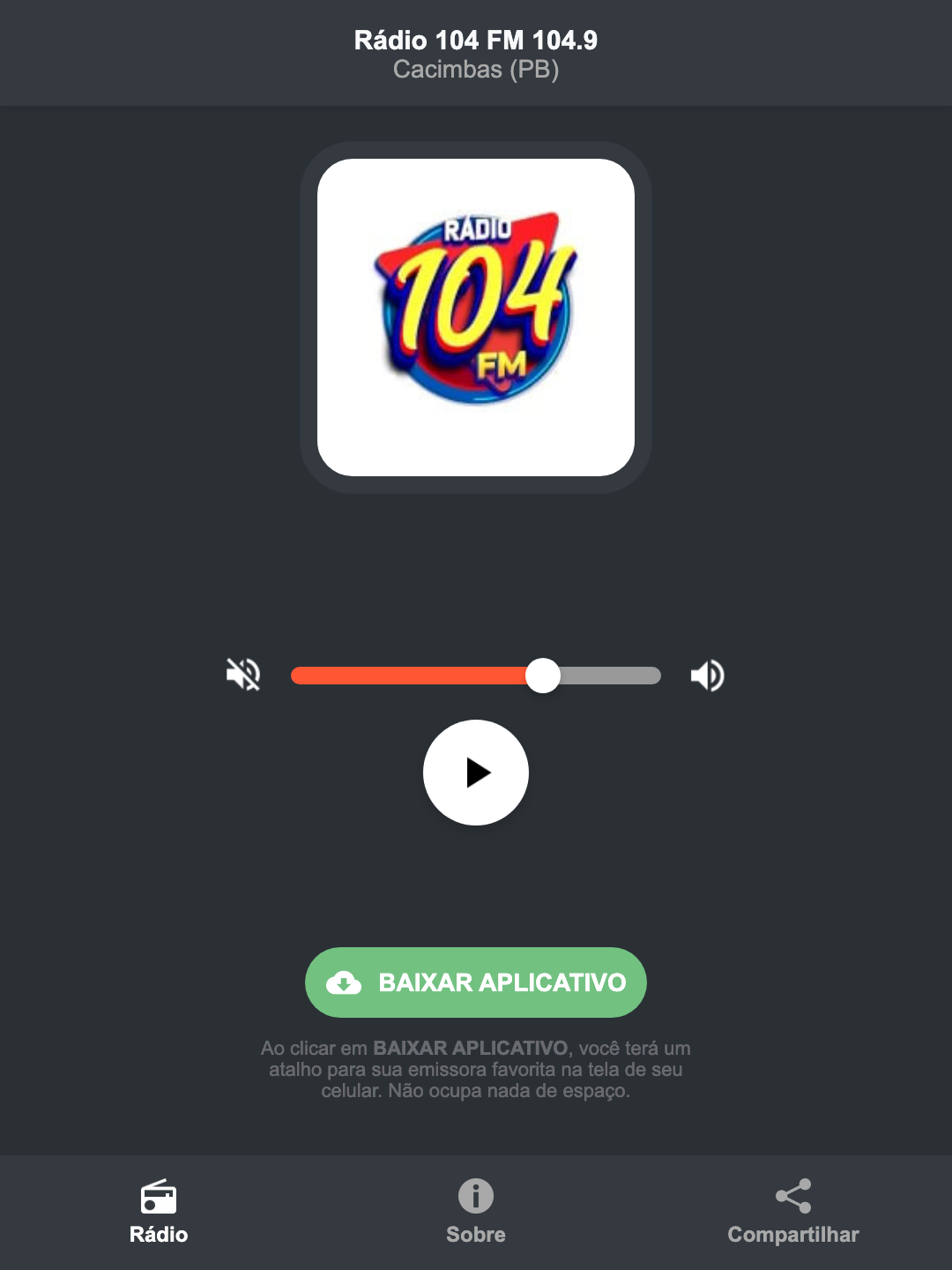 Screenshot do aplicativo da Rádio 104 FM 104.9