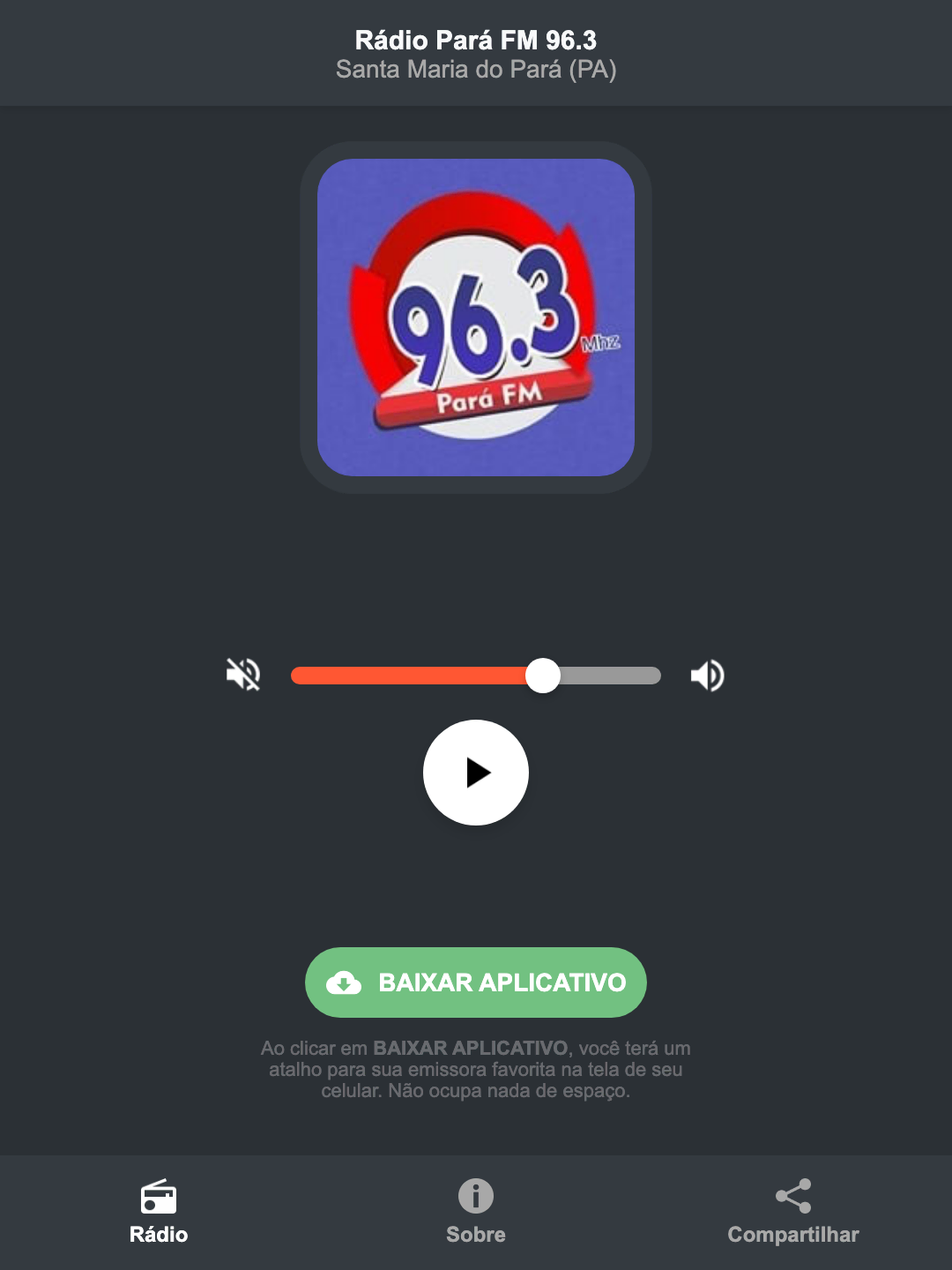 Screenshot do aplicativo da Rádio Pará FM 96.3