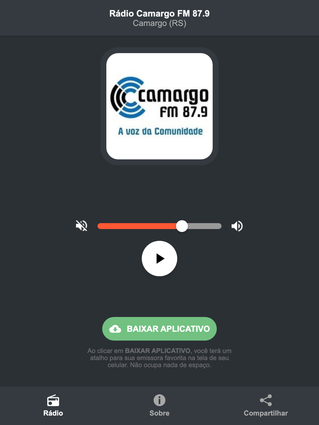 Screenshot do aplicativo da Rádio Camargo FM 87.9