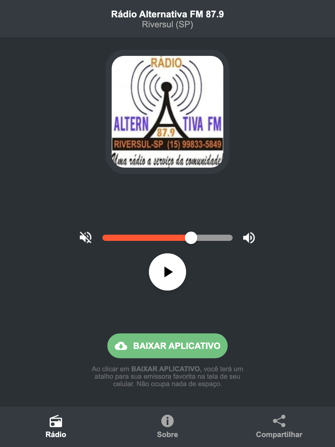 Screenshot do aplicativo da Rádio Alternativa FM 87.9