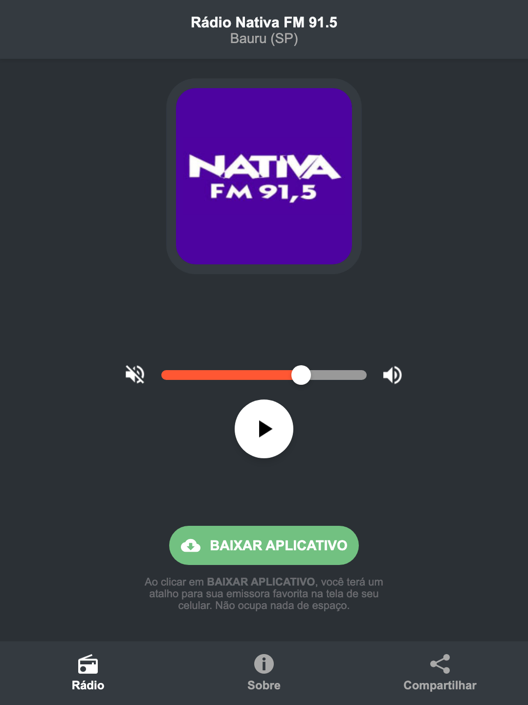 Screenshot do aplicativo da Rádio Nativa FM 91.5