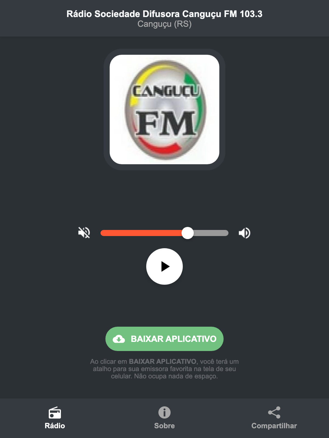 Screenshot do aplicativo da Rádio Sociedade Difusora Canguçu FM 103.3