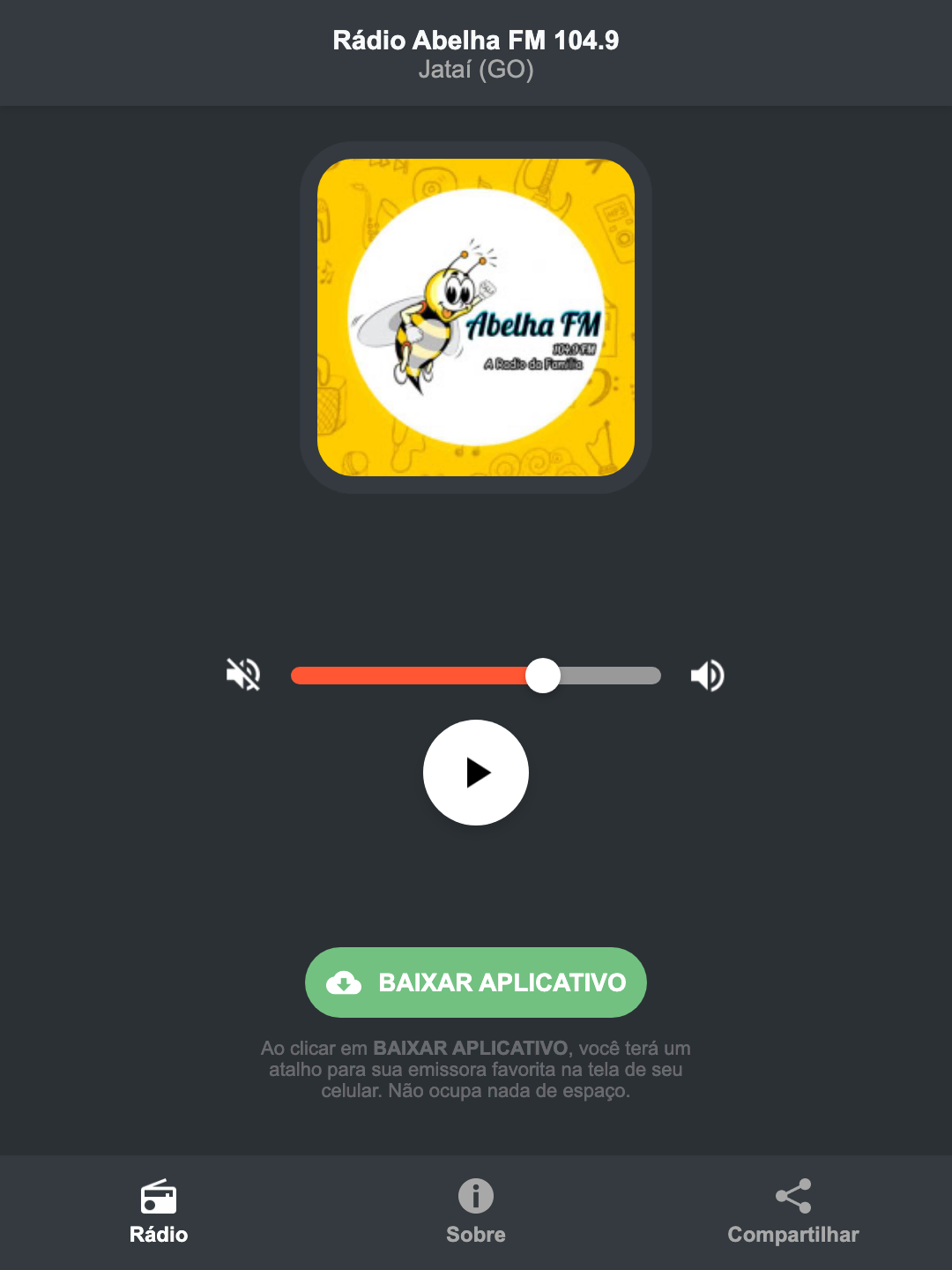 Screenshot do aplicativo da Rádio Abelha FM 104.9