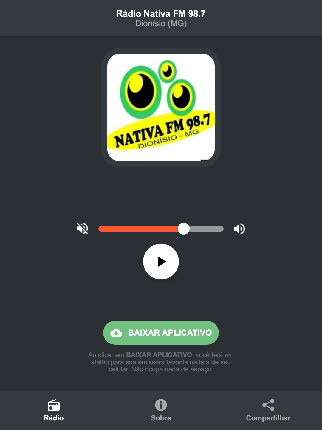Screenshot do aplicativo da Rádio Nativa FM 98.7