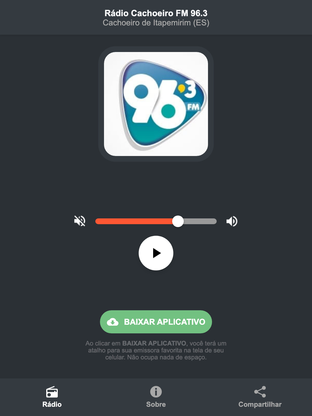Screenshot do aplicativo da Rádio Cachoeiro FM 96.3