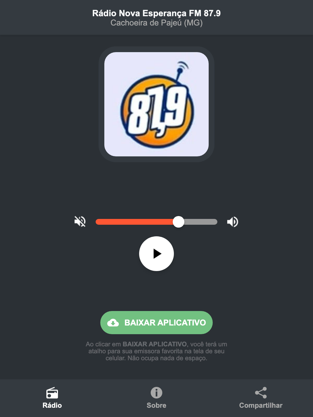 Screenshot do aplicativo da Rádio Nova Esperança FM 87.9
