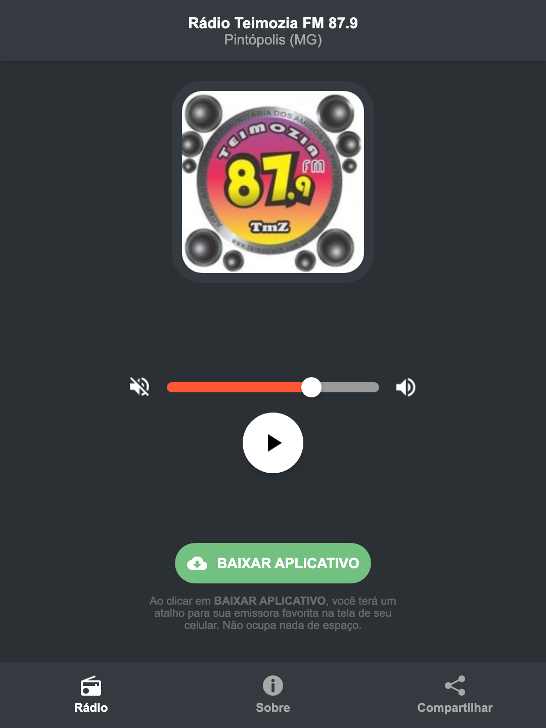 Screenshot do aplicativo da Rádio Teimozia FM 87.9