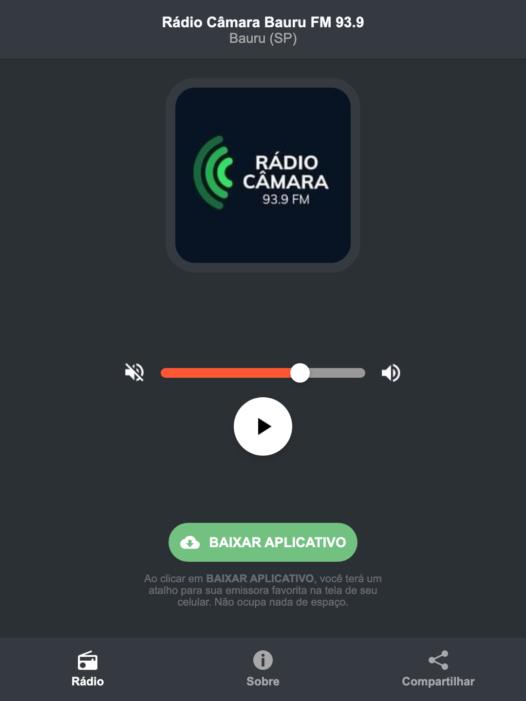 Screenshot do aplicativo da Rádio Câmara Bauru FM 93.9