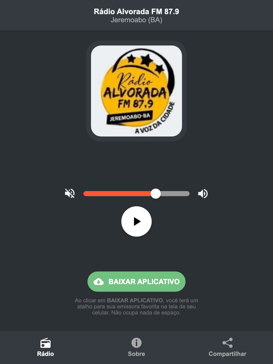 Screenshot do aplicativo da Rádio Alvorada FM 87.9